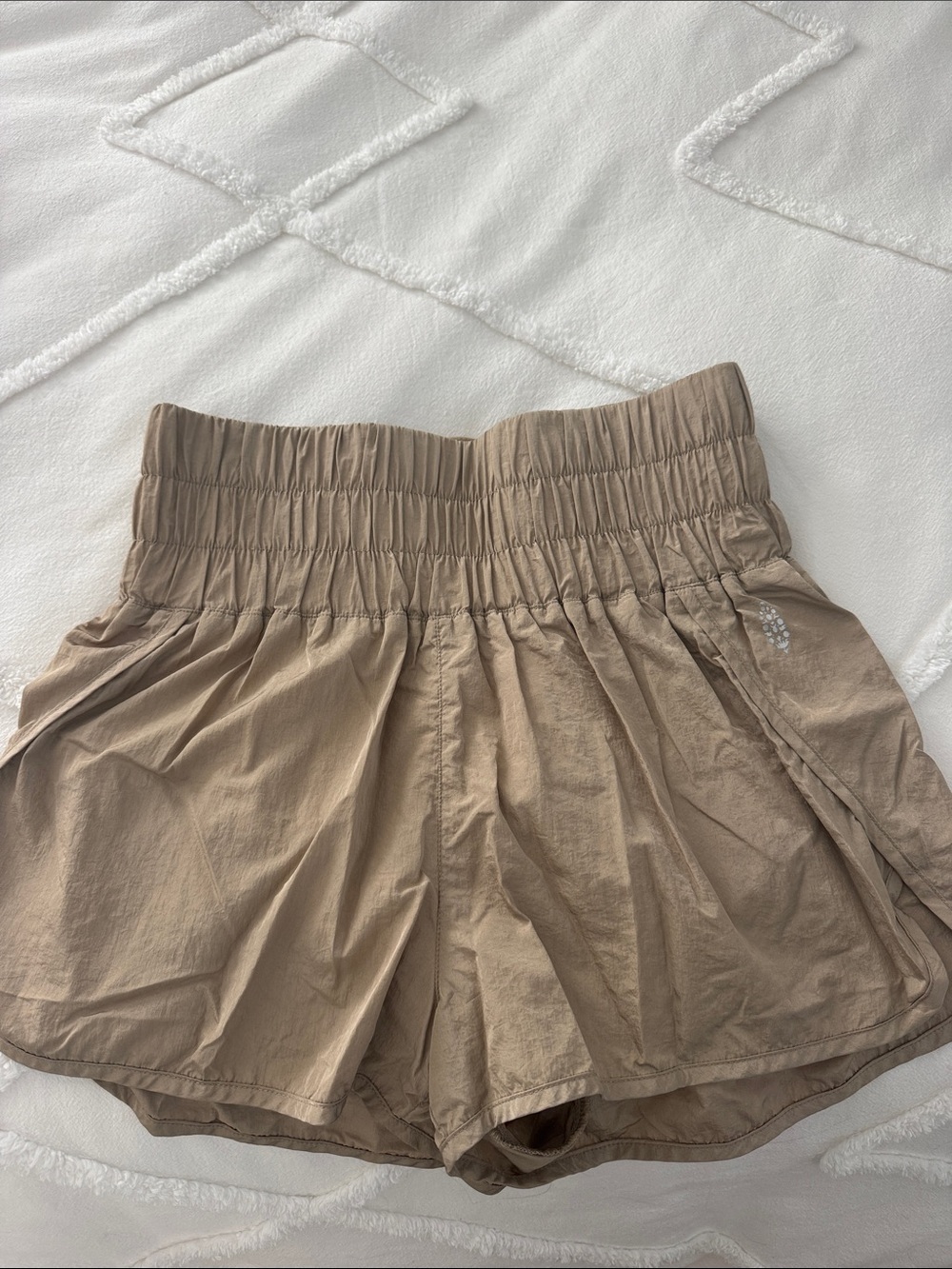 FP Movement by Free People High-Waist Smocked Shorts in Taupe